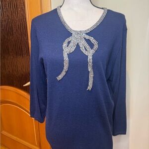 Naeem Khan Navy Blouse with Silver rhinestone bow Detailing Sz L